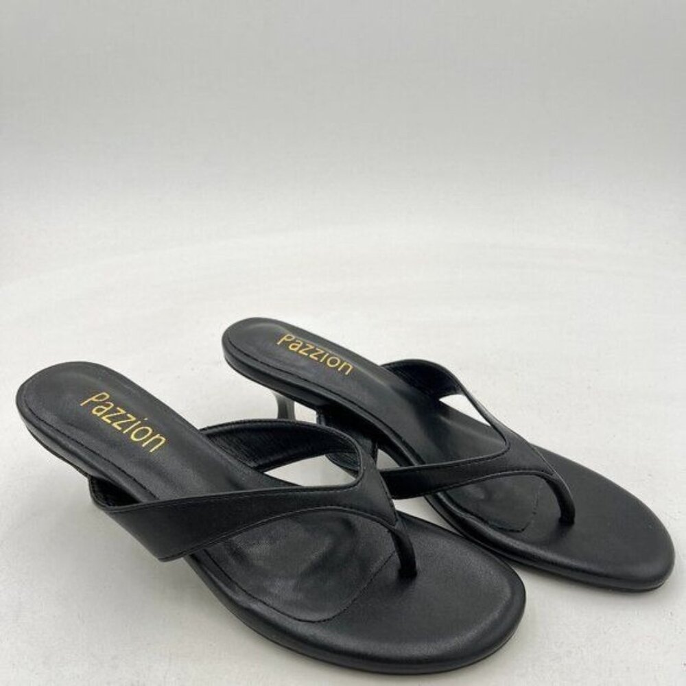 Pazzion Black Leather Thong Heeled Sandals